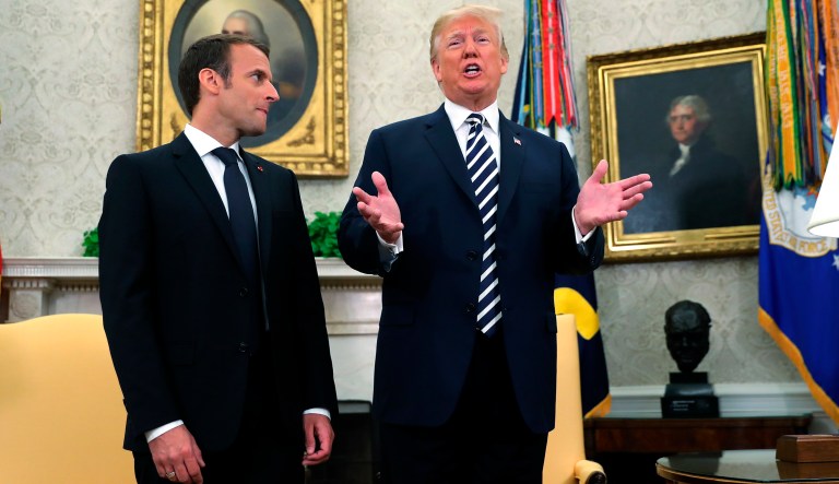 President Trump talks at the beginning of his meeting with French President Emmanuel Macron in Oval Office. 