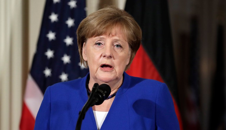 German Chancellor Angela Merkel speaks during a news conference with President Trump in the East Room of the White House.