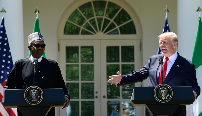 President Trump speaks during a news conference with Nigerian President Muhammadu Buhari in the Rose Garden of the White House. 
