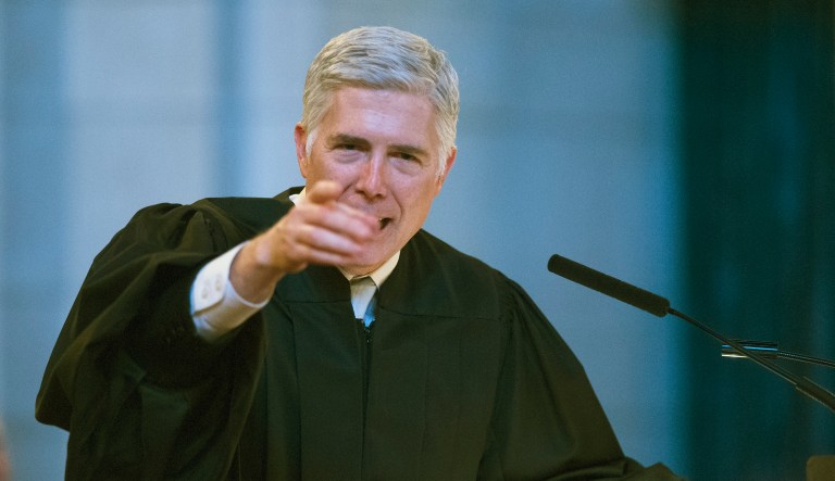 Supreme Court Justice Neil Gorsuch speaks in the Warner legislative chamber in Lincoln, Neb. 