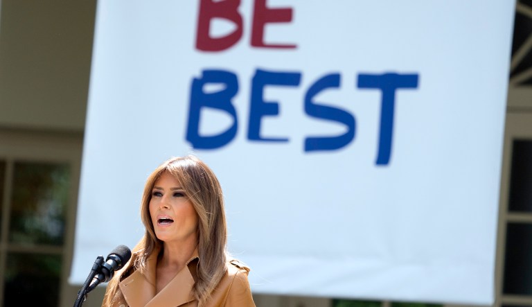 First lady Melania Trump gave her multipronged effort to promote the well-being of children a minimalist new motto: "BE BEST."  The first lady formally launched her long-awaited initiative after more than a year of reading to children, learning about babies born addicted to drugs and hosting a White House conversation on cyberbullying. 