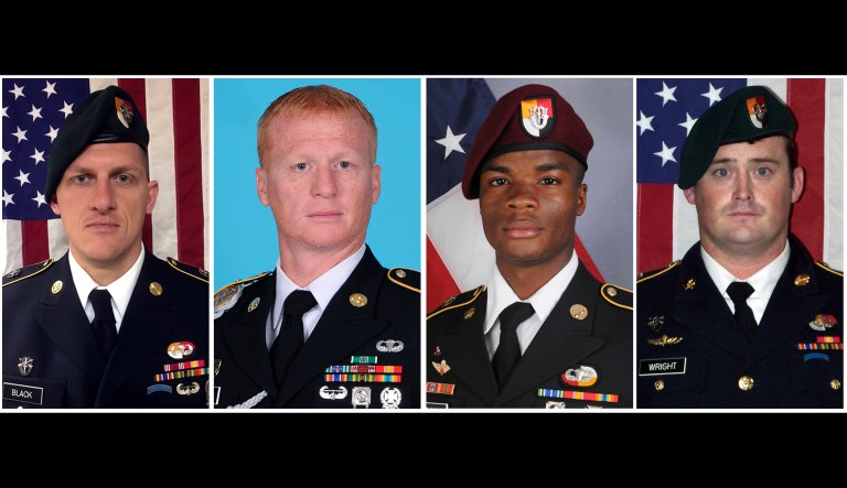 From left: Staff Sgt. Bryan C. Black, 35, of Puyallup, Wash.; Staff Sgt. Jeremiah W. Johnson, 39, of Springboro, Ohio; Sgt. La David Johnson of Miami Gardens, Fla.; and Staff Sgt. Dustin M. Wright, 29, of Lyons, Ga. All four were killed in Niger, when a joint patrol of American and Niger forces was ambushed by militants believed linked to the Islamic State group.