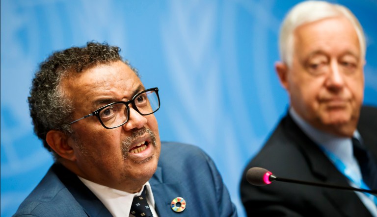 Tedros Adhanom Ghebreyesus, director general of the World Health Organization, left, and Robert Steffen, WHO chairman of the Emergency Committee on Ebola, attend a press conference at the European headquarters of the United Nations in Geneva, Switzerland. 