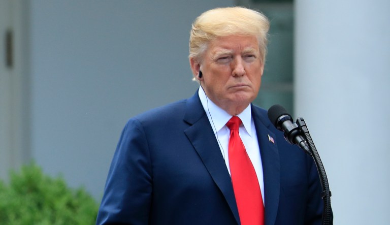 President Trump speaks during a news conference in the Rose Garden. 