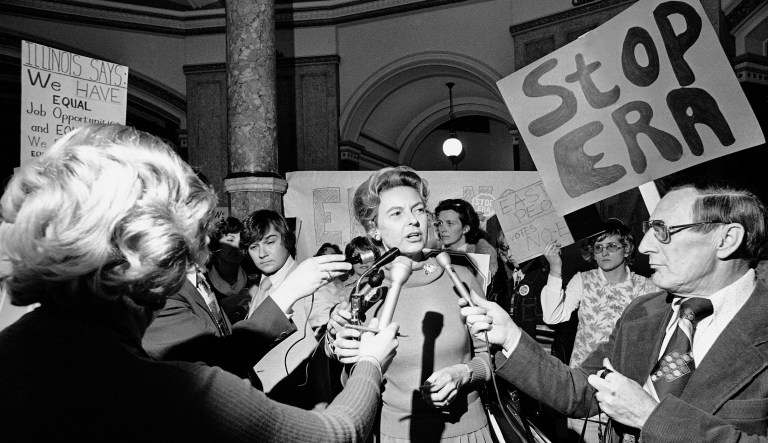 In this Nov. 22, 1977 file photo, Phyllis Schlafly, a longtime foe of the Equal Rights Amendment, addresses her supporters at a rally at the State Capitol in Springfield, Ill. Illinois for decades remained the only industrial northern state not to ratify the federal Equal Rights Amendment. But decades after the congressional deadline, the state finally approved the resolution.