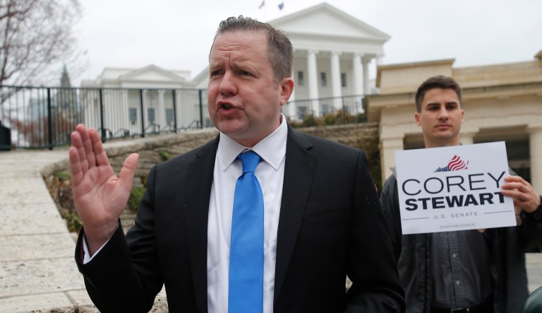 Corey Stewart, a conservative provocateur and supporter of President Trump won Virginia's Republican primary Tuesday in the U.S. Senate race, and he has promised to run a "vicious" campaign against incumbent Tim Kaine. 