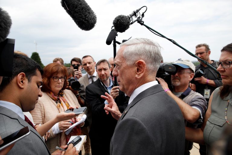 Defense Secretary Jim Mattis speaks with the media at the Pentagon on June 20, 2018.