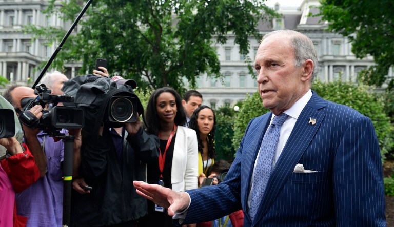 White House National Economic Council Director Larry Kudlow speaks with reporters. 