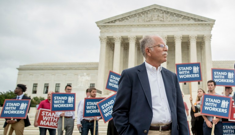 Plaintiff Mark Janus outside the Supreme Court after the court rules in a setback for organized labor that states can't force government workers to pay union fees. 