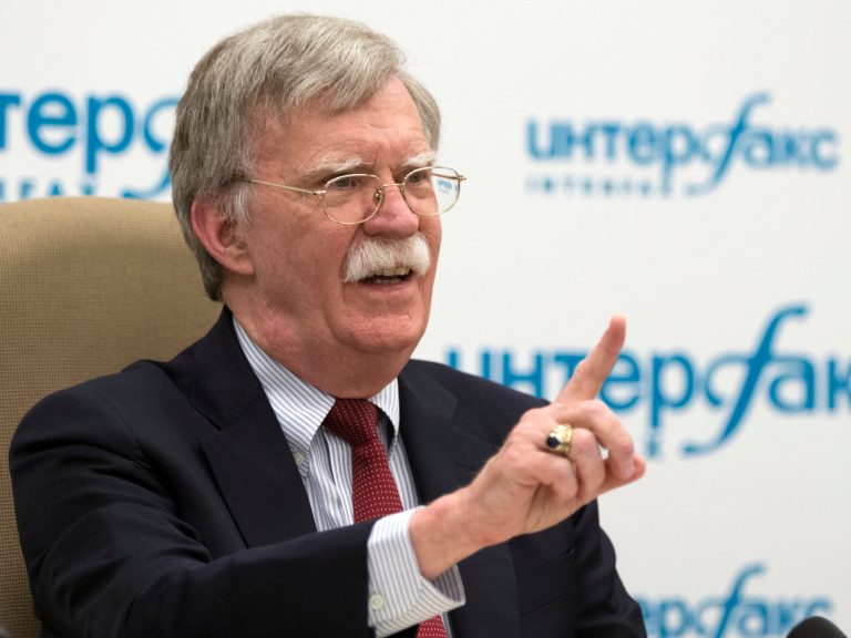 National security adviser John Bolton gestures while speaking to the media after his talks with Russian President Vladimir Putin in Moscow Wednesday.