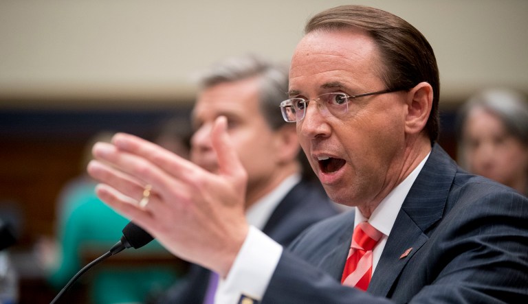 Deputy Attorney General Rod Rosenstein testifies before a House Judiciary Committee hearing on Capitol Hill in Washington on June 28, 2018, on Justice Department and FBI actions around the 2016 presidential election.