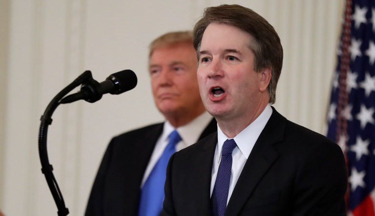 President Trump listens as Judge Brett Kavanaugh his Supreme Court nominee speaks in the East Room of the White House.  