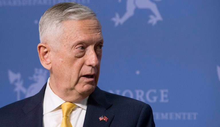 Secretary of Defense James Mattis addresses a press conference in Olso, Norway. 