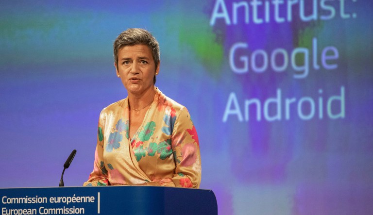 EU Commissioner Margrethe Vestager holds a press conference on a Competition Case involving Google Android at the European Commission building in Brussels on Wednesday. 