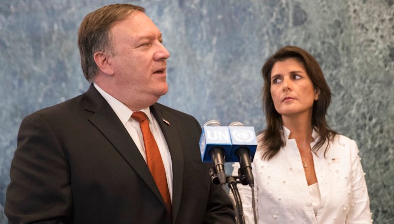 U. S. Secretary of State Mike Pompeo, left and American Ambassador to the United Nations Nikki Haley speak to reporters at United Nations headquarters, Friday, July 20, 2018.