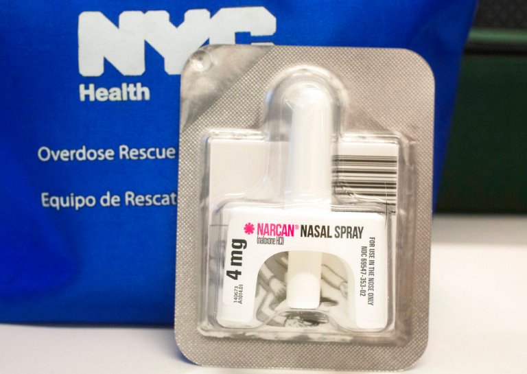 In this May 10, 2018 photo, a Narcan nasal spray dispenser is displayed in New York. 