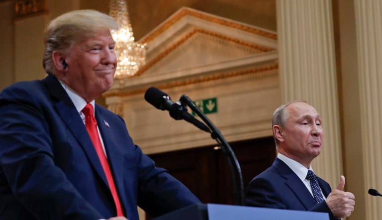Russian President Vladimir Putin and President Trump give a joint news conference at the Presidential Palace in Helsinki. 