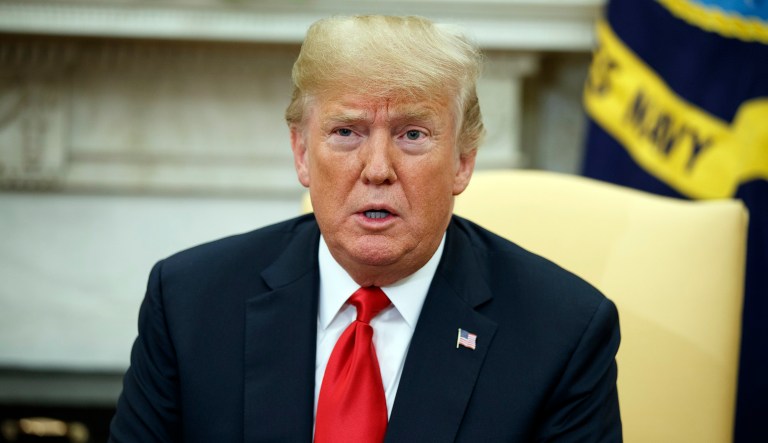 President Trump speaks during a meeting with European Commission president Jean-Claude Juncker in the Oval Office. 