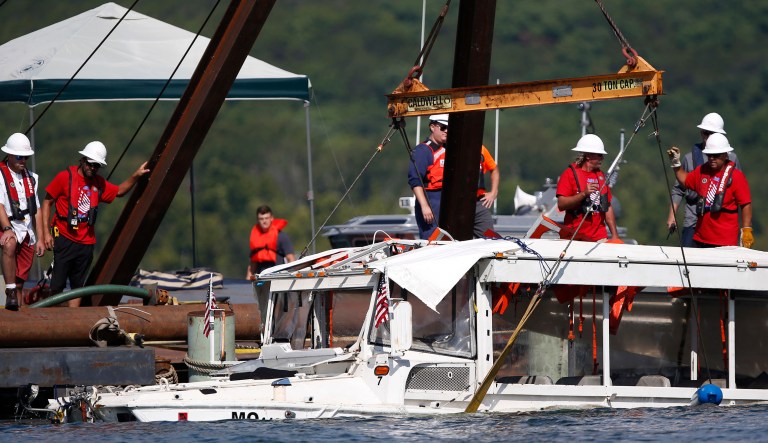 The duck boat that sank in Table Rock Lake in Branson, Mo., is raised. A lawsuit seeking $100 million in damages was filed Sunday against the owners and operators of the duck boat that sank July 19. 
