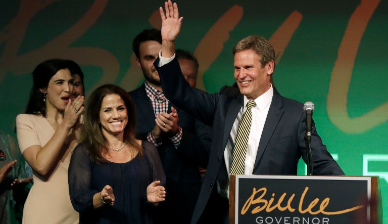 Bill Lee thanks supporters at a victory party after he won the Republican nomination for Tennessee governor in Franklin, Tenn.