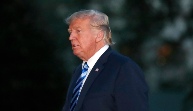 President Trump walks on the South Lawn of the White House. 