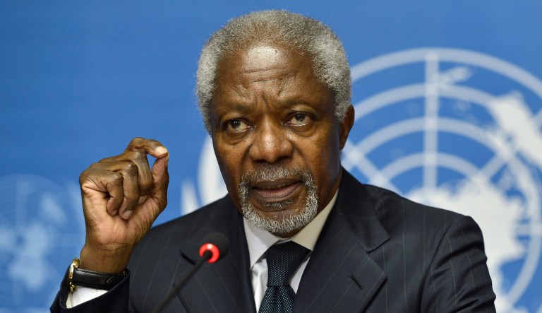 Kofi Annan speaks during a press briefing in 2012 at the European headquarters of the United Nations in Geneva, Switzerland.