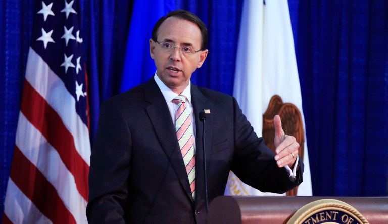 Deputy Attorney General Rod Rosenstein speaks during an event in Washington. 