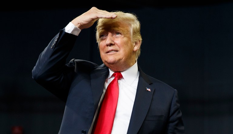 President Trump arrives to speak to a campaign rally at the Ford Center, Aug. 30, 2018, in Evansville, Ind.