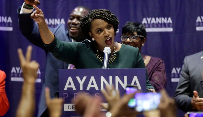 Boston City Councilor Ayanna Pressley celebrates victory over Rep. Michael Capuano, D-Mass., in the 7th Congressional House Democratic primary in Boston. (AP Photo/Steven Senne)