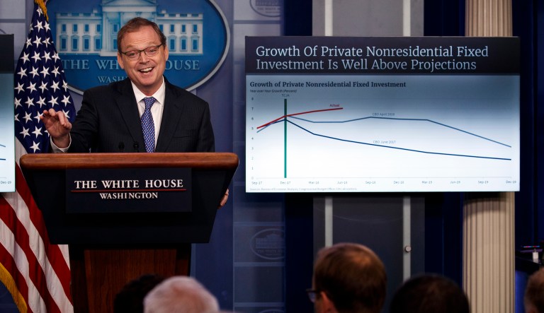 Kevin Hassett, chairman of the Council of Economic Advisers, speaks during the daily press briefing at the White House, Sept. 10, 2018, in Washington.