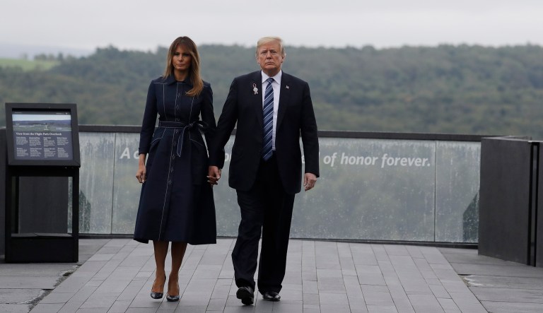 President Trump and first lady Melania Trump, walk along the September 11th Flight 93 memorial in Shanksville, Pa.  