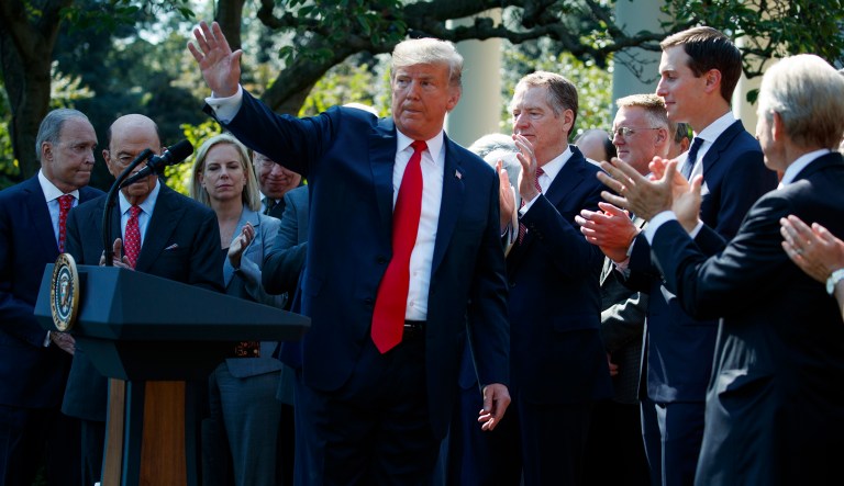 President Trump speaks during a news conference on trade between the United States, Canada, and Mexico in the Rose Garden of the White House, Monday, Oct. 1, 2018, in Washington.
