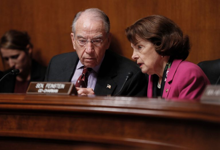 Senate Judiciary Committee Chairman Chuck Grassley (R-IA) joined at right by Sen. Dianne Feinstein (D-CA).