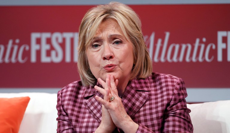 Former Secretary of State Hillary Clinton talks with Jeffrey Goldberg, editor in chief of The Atlantic, during The Atlantic Festival, Tuesday, Oct. 2, 2018, in Washington.