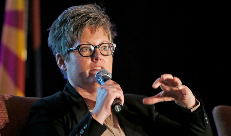 FILE - In this Jan. 6, 2017, file photo, Arizona Senate minority leader Katie Hobbs, D-Phoenix, speaks at the Arizona Chamber of Commerce and Industry's 2017 Legislative Forecast Luncheon in Phoenix. The vote wasn't as predictably Republican this time around, but don't call Arizona a purple state yet. Political analysts say Democratic gains made in this monthâs election need to be cemented in future contests to ensure this year wasnât a one-off. Democratic female candidates did particularly well, notably Kyrsten Sinema for the Senate and Hobbs for Secretary of State.