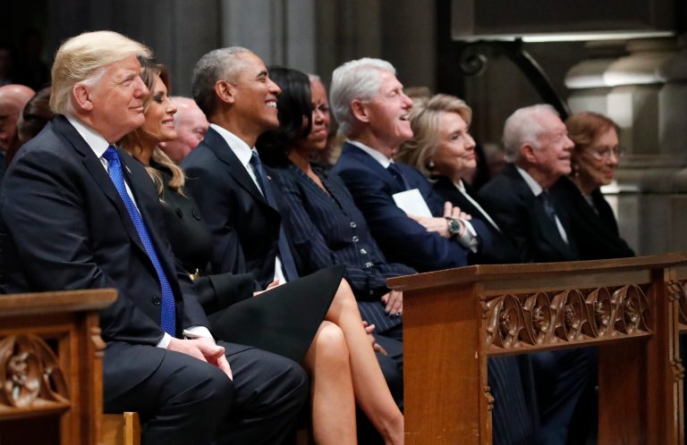 From left, President Donald Trump, first lady Melania Trump, former President Barack Obama, former first lady Michelle Obama, former President Bill Clinton, former Secretary of State Hillary Clinton, and former President Jimmy Carter and former first lady Rosalynn Carter participate in the State Funeral for former President George H.W. Bush, at the National Cathedral, Wednesday, Dec. 5, 2018 in Washington. As he readies for reelection, more say they are "better off" than under the past four presidents.
