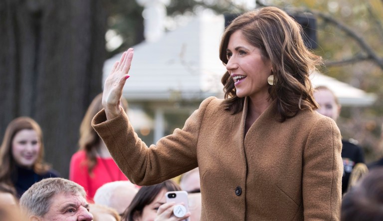In this Tuesday, Nov. 20, 2018, file photo, South Dakota Gov.-elect Kristi Noem waves in the Rose Garden of the White House in Washington. 