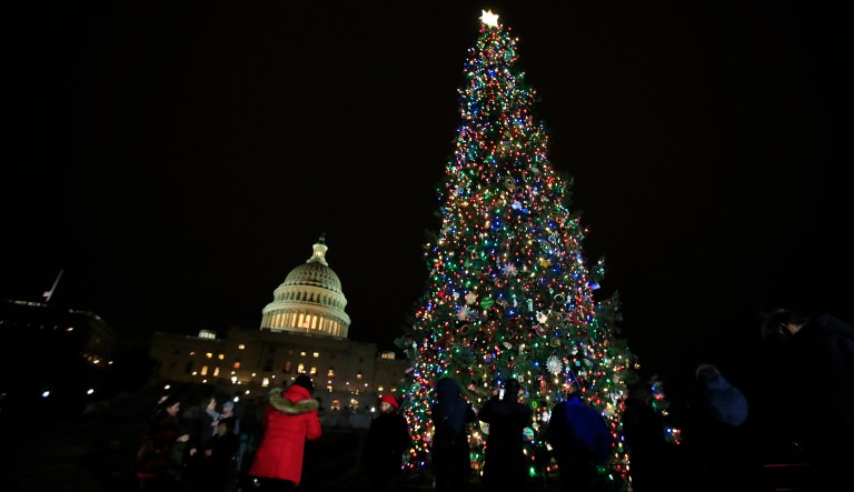 People gather around the Capitol Christmas Tree during the lighting ceremony at the West Front of the Capitol in Washington, Thursday, Dec. 6, 2018.