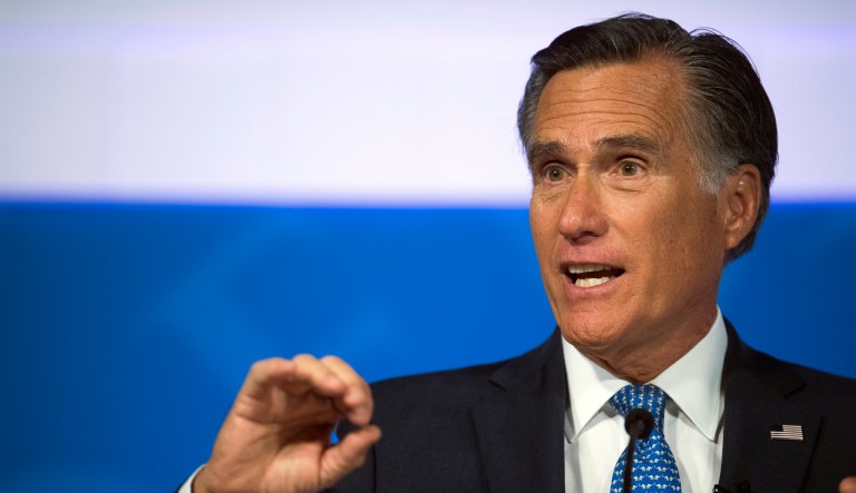 This Oct. 9, 2018, file photo shows Republican U.S. Senate candidate Mitt Romney answering a question about tariffs during the debate with Democratic opponent Jenny Wilson in the America First Event Center in Cedar City, Utah.