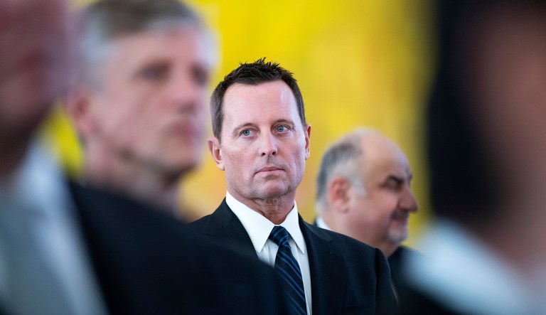 U.S. Ambassador to Germany Richard Allen Grenell, center, attends the new year reception for the diplomatic corps in the presidential palace in Berlin Monday, Jan. 14, 2019.