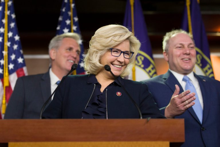 House Minority Leader Kevin McCarthy of Calif., left, House Republican Conference chair Rep. Liz Cheney, R-Wyo., and House Minority Whip Steve Scalise of La., smile as they arrive for a news conference on Capitol Hill, Tuesday, Jan. 15, 2019.