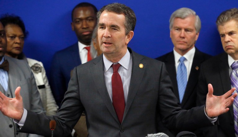 Virginia Gov. Ralph Northam, center, speaks about the Virginians for Reconciliation and Civility proclamation during a press conference inside the Pocahontas Building in Richmond, Va., Wednesday, Jan. 16, 2019. Behind him, from left, are Del. Delores L. McQuinn, D-Richmond, Richmond Mayor Levar Stoney, former governor Bob McDonnell and House of Delegates Speaker Kirk Cox, R-Colonial Heights.
