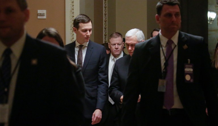 President Trump's senior adviser Jared Kushner, left, walks with Vice President Mike Pence as they leave the office of Senate Majority Leader Mitch McConnell, R-Ky., amid the partial government shutdown, in Washington, Thursday, Jan. 17, 2019.