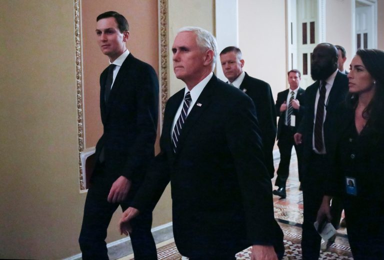 President Donald Trump's senior adviser Jared Kushner, left, walks with Vice President Mike Pence as they leave the office of Senate Majority Leader Mitch McConnell amid the partial government shutdown, in Washington, Thursday, Jan. 17, 2019. 