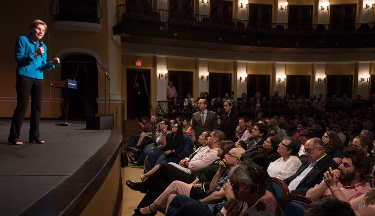Elizabeth Warren, United States senator from Massachusetts and one of the many Democrats running for president in 2020, speaks at the "Community Conversation about Puerto Rico and its Recovery" held at the Alejandro Tapia y Rivera Theater, in San Juan, Puerto Rico, Tuesday Jan. 22, 2019.