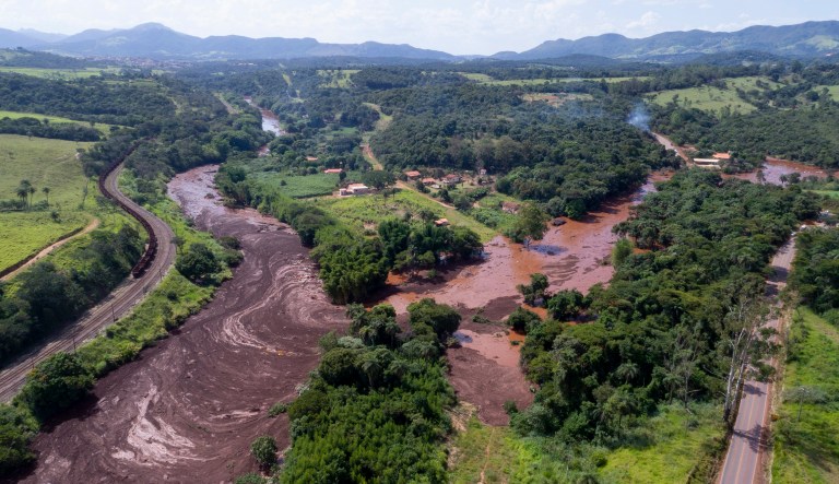 An aerial view shows flooding triggered by a dam collapse near Brumadinho, Brazil.
