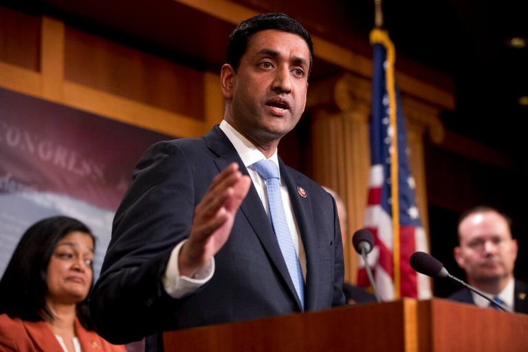 Rep. Ro Khanna (D-CA) speaks at a news conference on Capitol Hill in Washington on Jan. 30, 2019. Also pictured is Rep. Pramila Jayapal, (D-WA), left, and Sen. Mike Lee (R-UT), right.