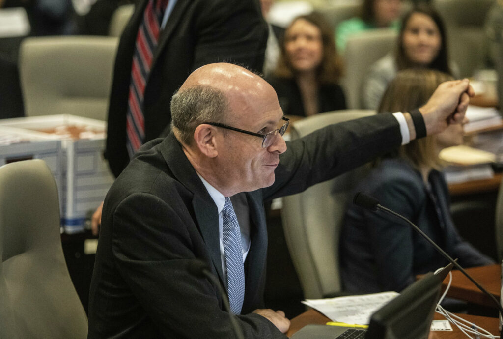 Marc Elias, an attorney for Democratic congressional candidate Dan McCready, questions a witness during the second day of a public evidentiary hearing on the 9th Congressional District voting irregularities investigation, Tuesday, Feb. 19, 2019, at the North Carolina State Bar in Raleigh, N.C.