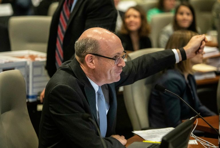 Marc Elias, an attorney for Democratic congressional candidate Dan McCready, questions a witness during the second day of a public evidentiary hearing on the 9th Congressional District voting irregularities investigation, Tuesday, Feb. 19, 2019, at the North Carolina State Bar in Raleigh, N.C.
