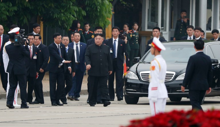 North Korean leader Kim Jong Un, center, arrives for a wreath laying ceremony at Ho Chi Minh Mausoleum in Hanoi, Vietnam.